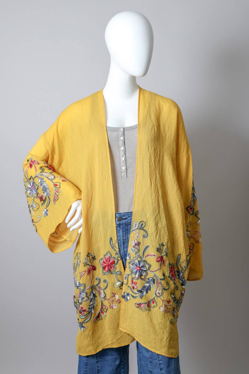 Long Floral Kimono Cardigan: Mustard