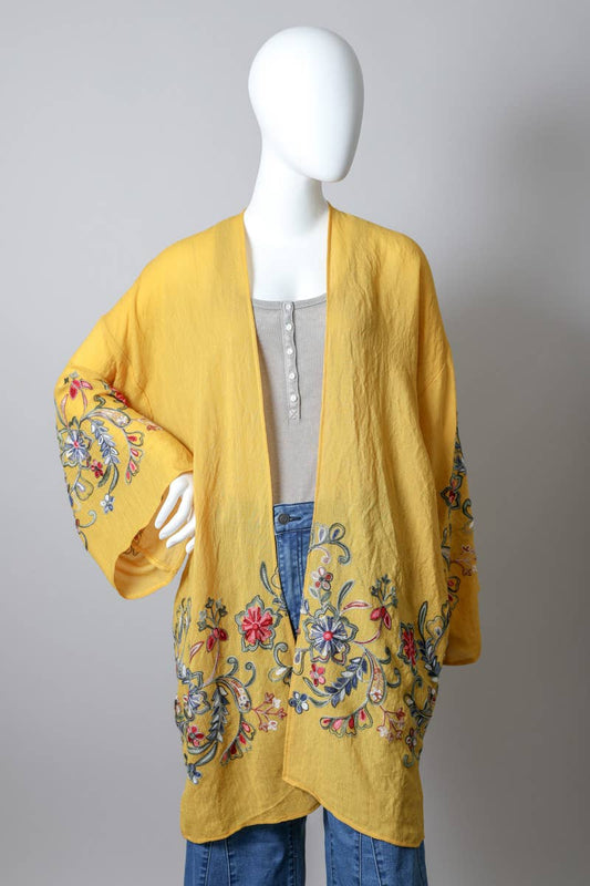 Long Floral Kimono Cardigan: Mustard