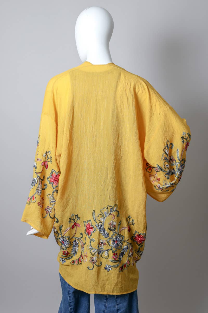 Long Floral Kimono Cardigan: Mustard