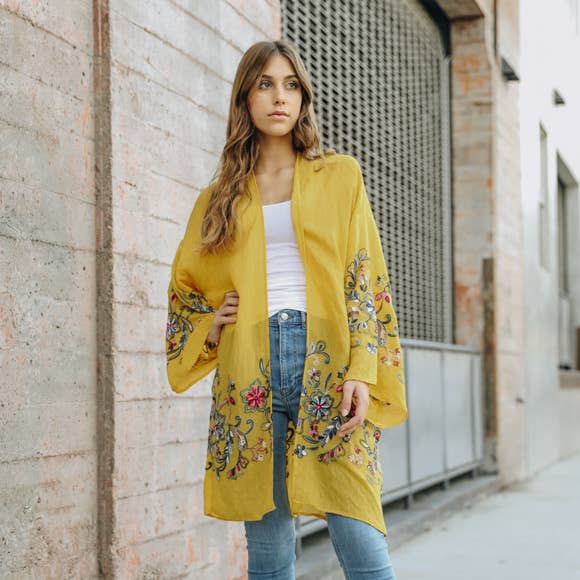 Long Floral Kimono Cardigan: Mustard
