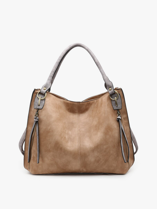 M1860DS Connar Distressed Side Pocket Tote: Tan