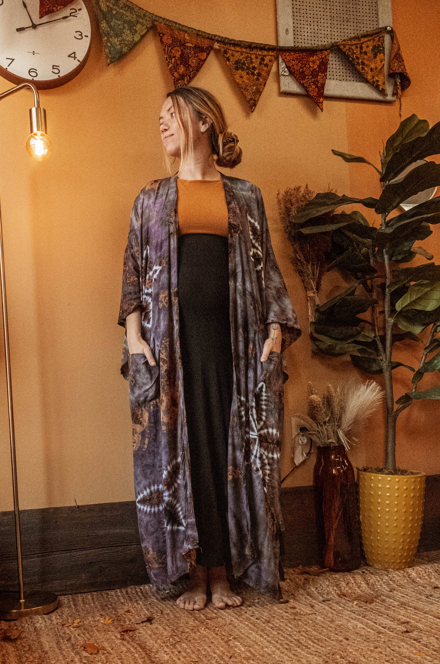 Bohemian Hippie Hand Dyed Kimono, Earthy Boho Duster Robe: One Size