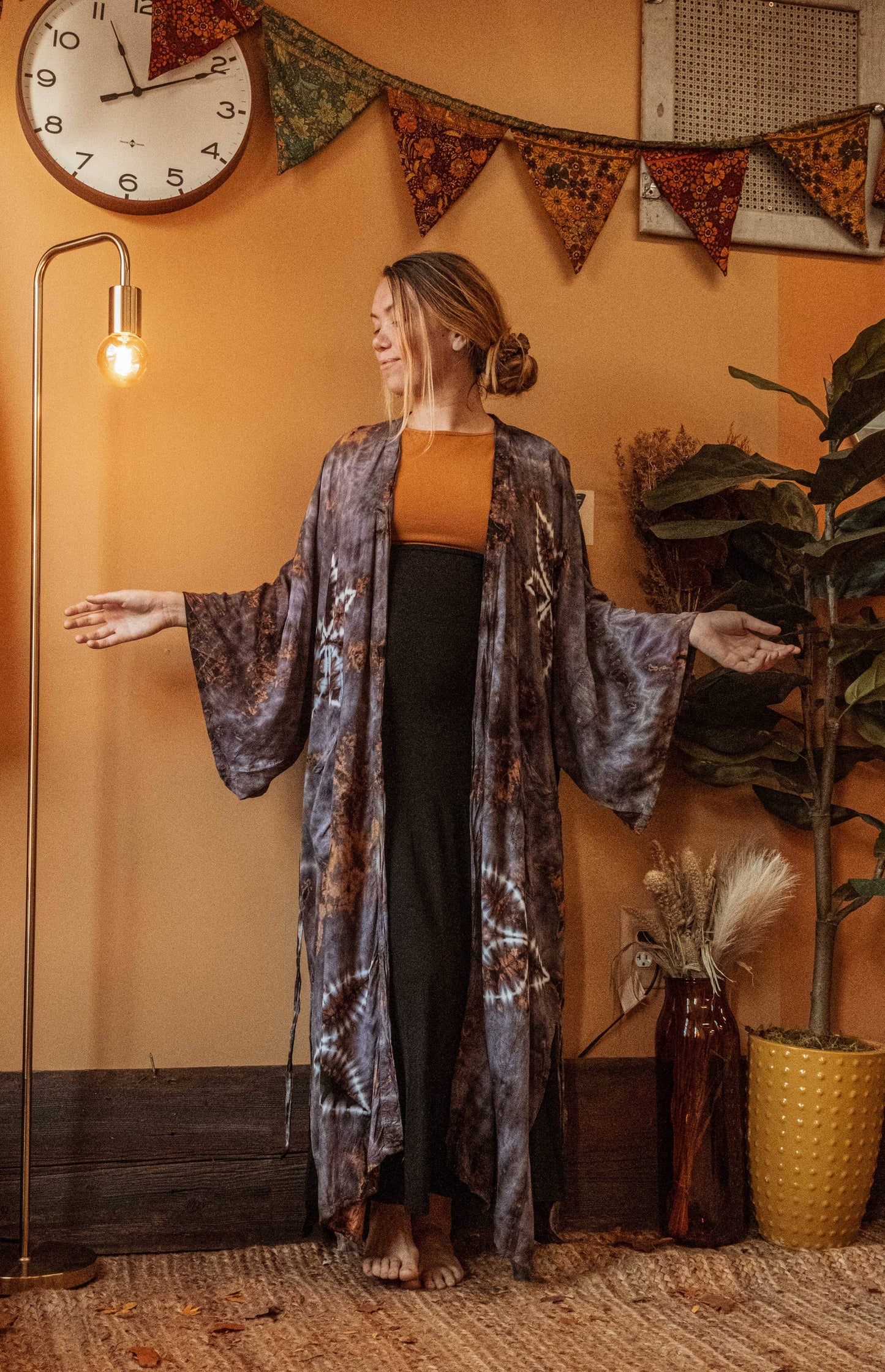 Bohemian Hippie Hand Dyed Kimono, Earthy Boho Duster Robe: One Size