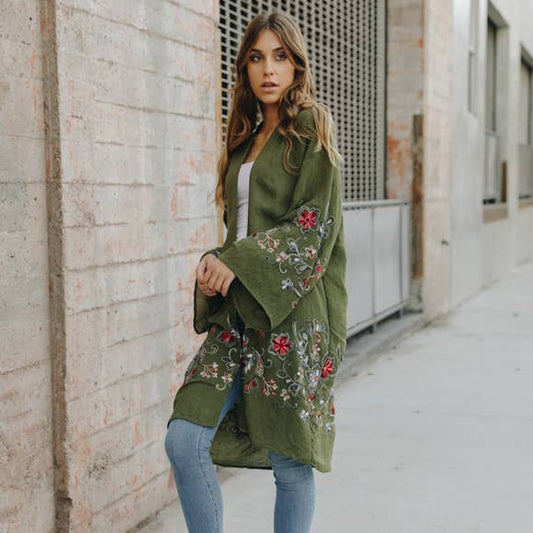 Long Floral Kimono Cardigan: Olive