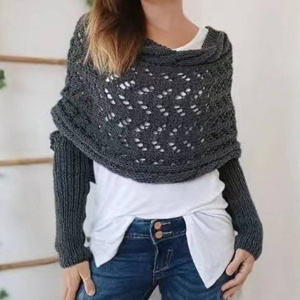 CWASC1793_TWISTED HOLLOW LONG SLEEVE SHAWL COLLAR SCARF: BLACK / (OS)