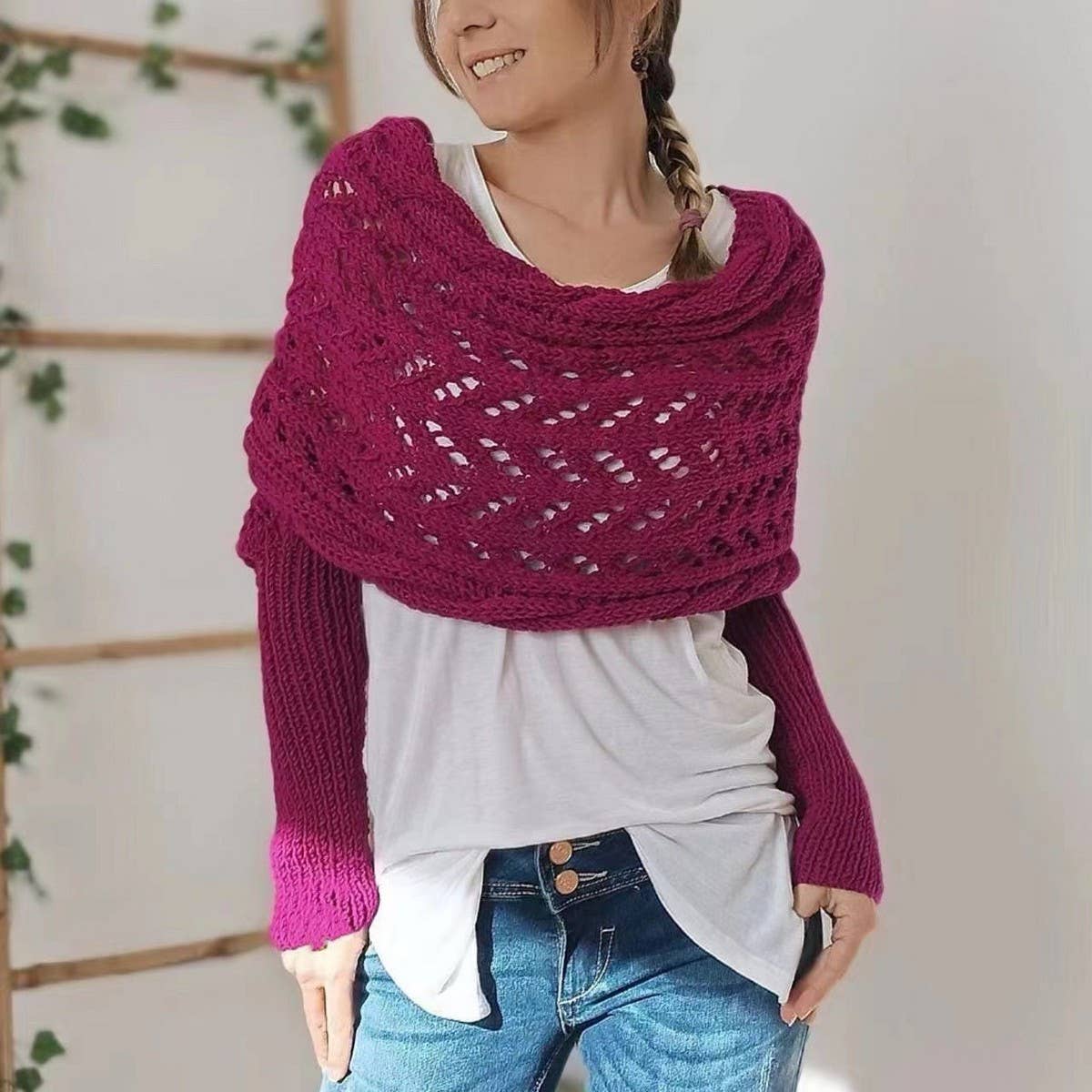 CWASC1793_TWISTED HOLLOW LONG SLEEVE SHAWL COLLAR SCARF: BLACK / (OS)