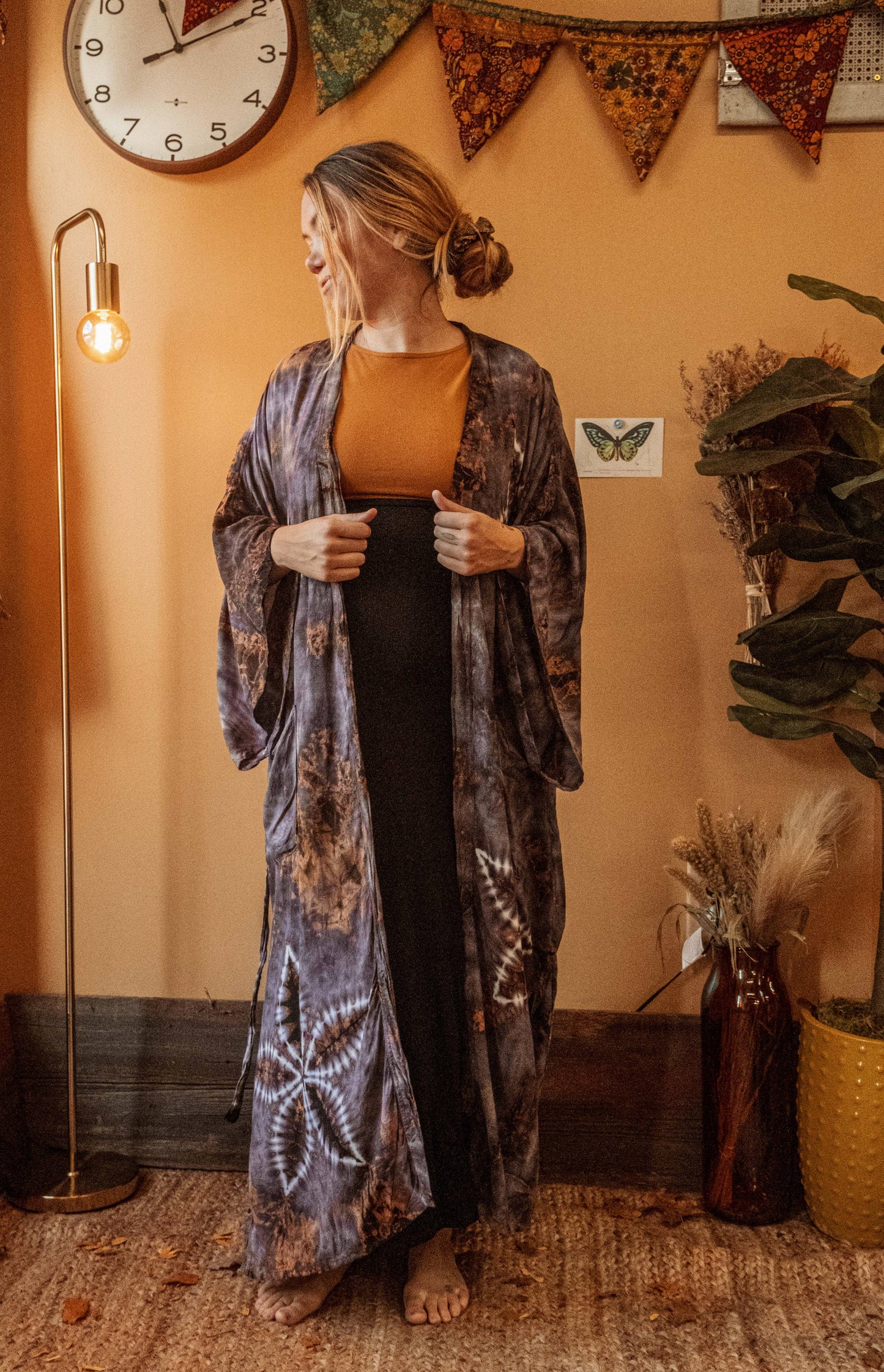 Bohemian Hippie Hand Dyed Kimono, Earthy Boho Duster Robe: One Size