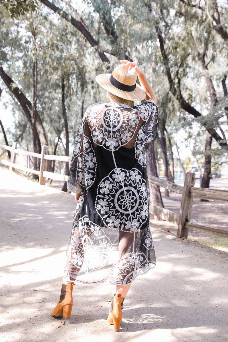 Contrast Mesh Cotton Lace Longline Kimono 🎀: Navy