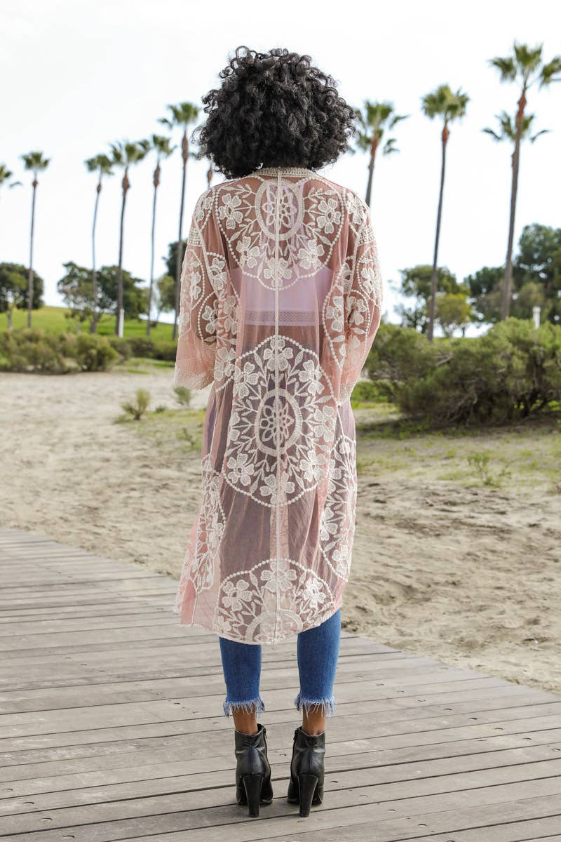 Contrast Mesh Cotton Lace Longline Kimono 🎀: Navy