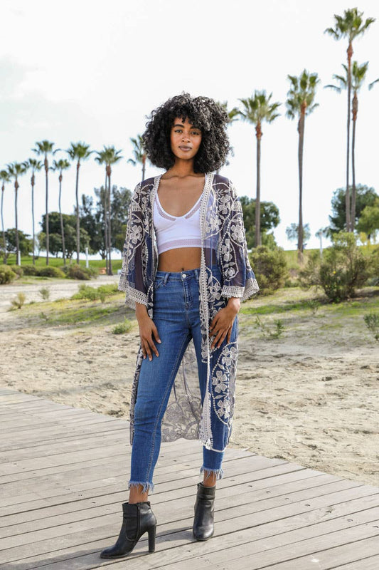 Contrast Mesh Cotton Lace Longline Kimono 🎀: Navy