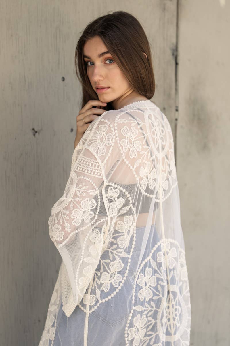 Contrast Mesh Cotton Lace Longline Kimono 🎀: Navy