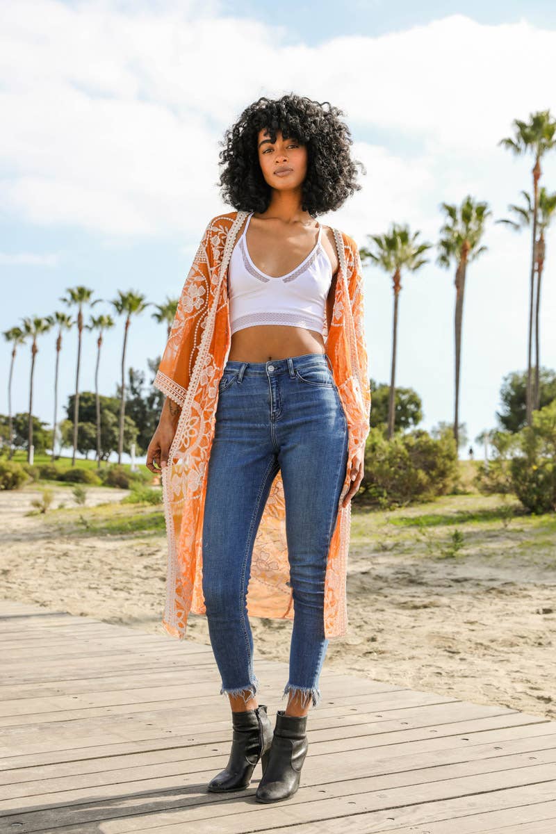 Contrast Mesh Cotton Lace Longline Kimono 🎀: Navy