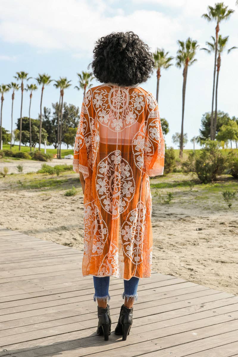 Contrast Mesh Cotton Lace Longline Kimono 🎀: Navy