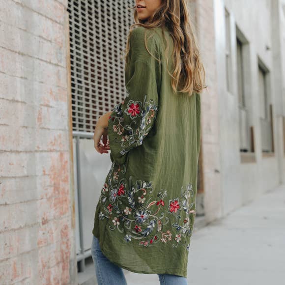 Long Floral Kimono Cardigan: Olive