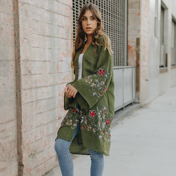 Long Floral Kimono Cardigan: Olive