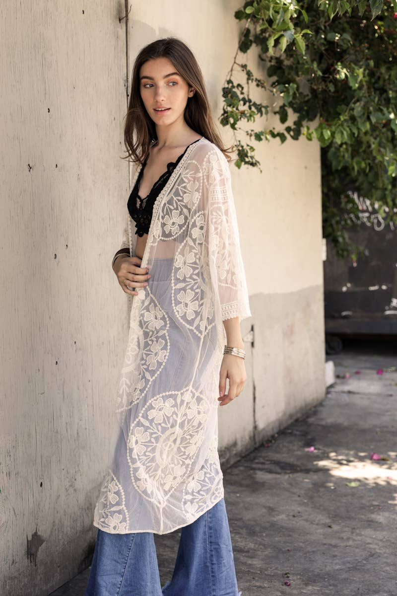 Contrast Mesh Cotton Lace Longline Kimono 🎀: Navy
