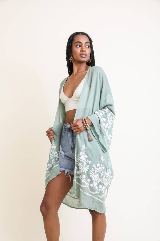 Embroidered Floral Vine Lightweight Kimono: Sage