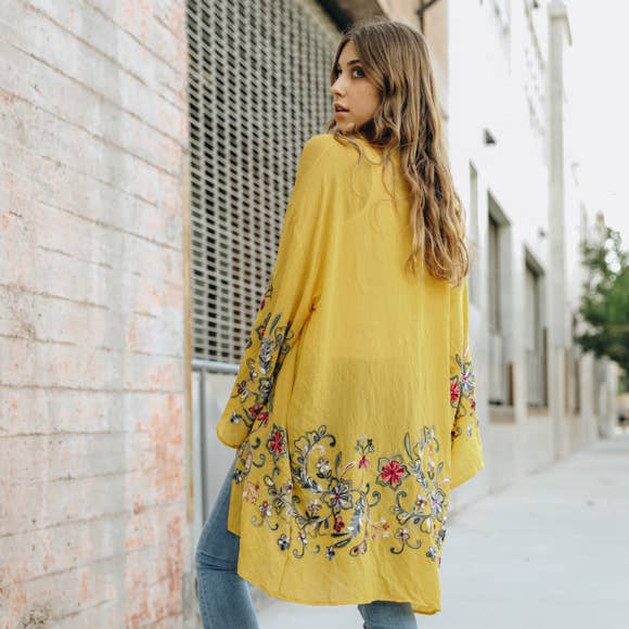 Long Floral Kimono Cardigan: Mustard