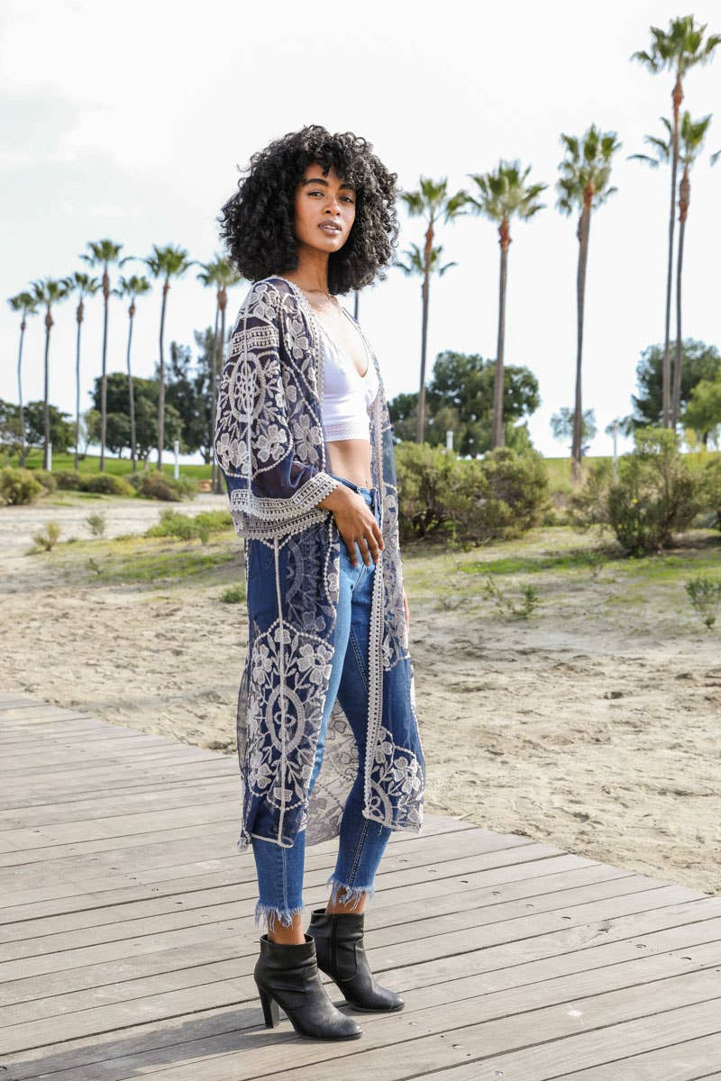 Contrast Mesh Cotton Lace Longline Kimono 🎀: Navy