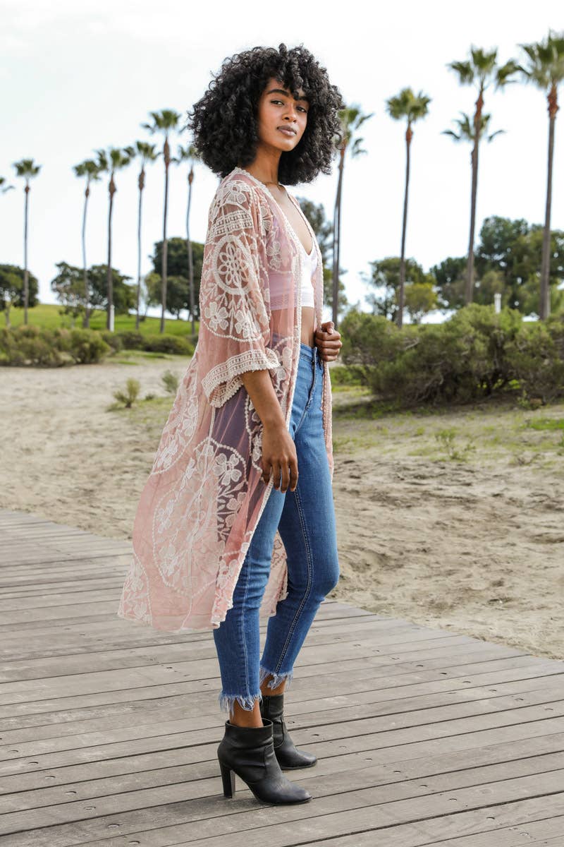 Contrast Mesh Cotton Lace Longline Kimono 🎀: Navy