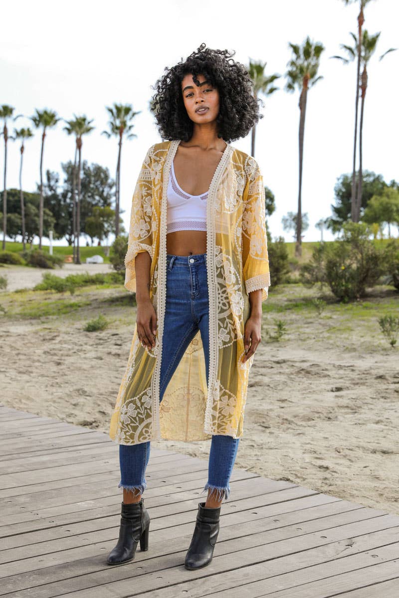 Contrast Mesh Cotton Lace Longline Kimono 🎀: Navy
