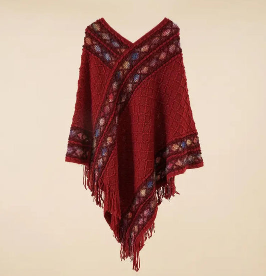 Crimson Bloom Knit Poncho